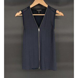 Rag & Bone Navy Valerie Zip Sleeveless Blouse Women's S Sheer Zip Collar V-Neck
